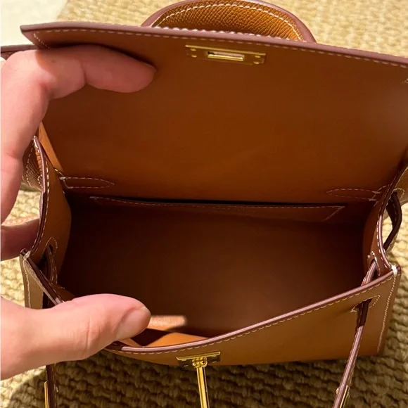 Caramel brown Leather Mini Kelly Style Handbag - Picture 4 of 9